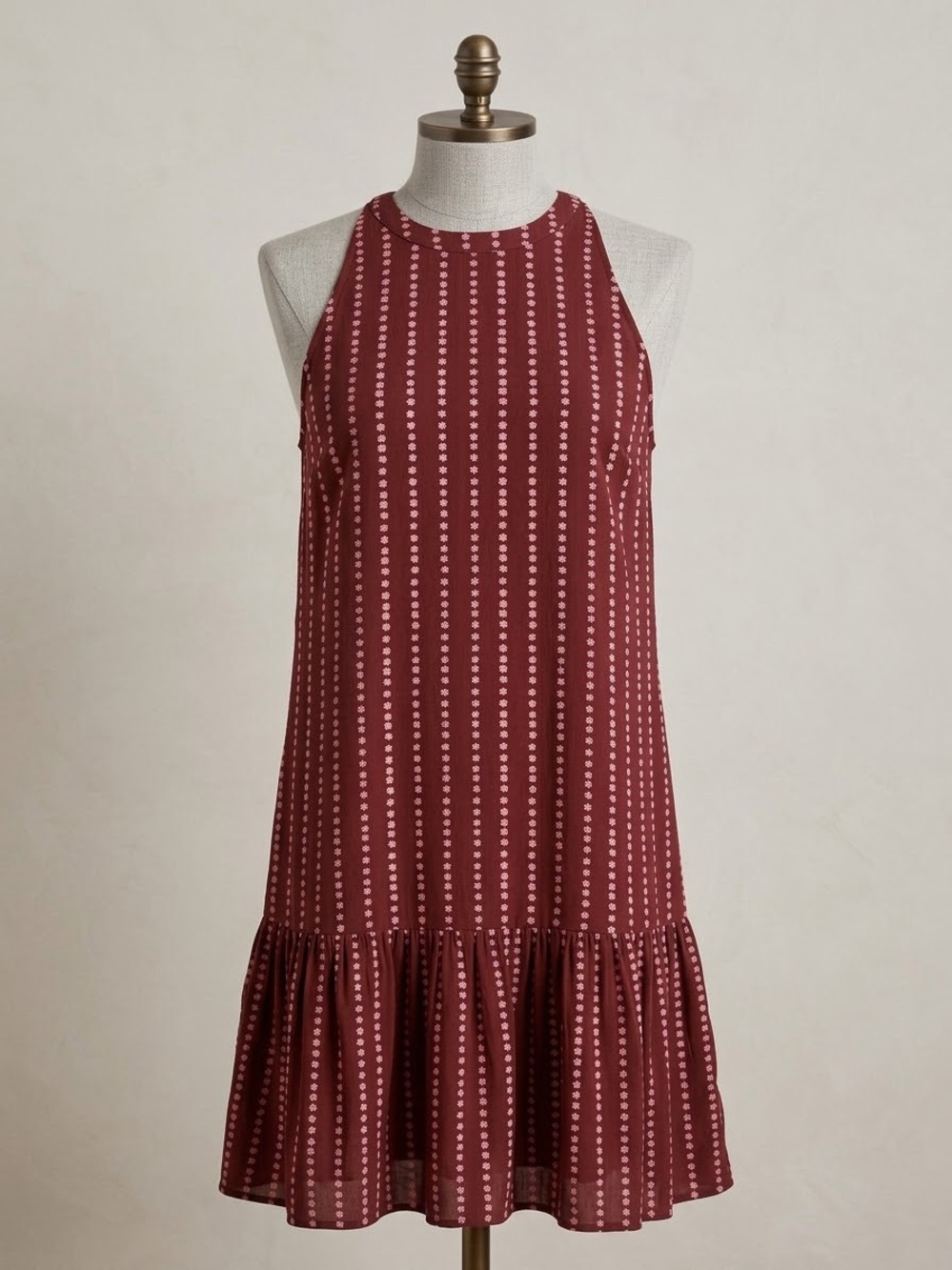 Ann Taylor Burgundy Halter Dress with Pink Dot Stripe